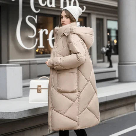 Dames Gewatteerde Jas – Oversized Winterjas met Capuchon, Verstelbare Manchetten & Halflang Design