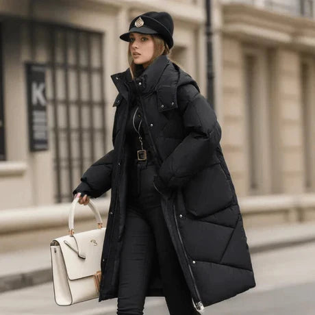 Dames Gewatteerde Jas – Oversized Winterjas met Capuchon, Verstelbare Manchetten & Halflang Design