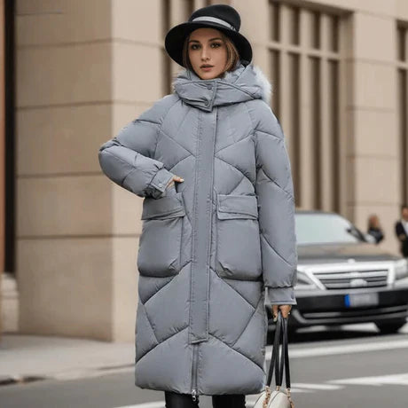 Dames Gewatteerde Jas – Oversized Winterjas met Capuchon, Verstelbare Manchetten & Halflang Design