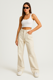 MILLE dames boyfriend jeans – witte baggy denim met split & rechte pijpen