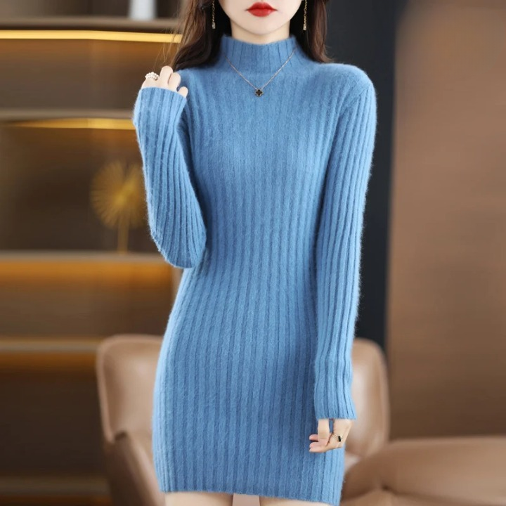 Noëlle Gebreide Herfstjurk – Elegante Damesjurk met Colkraag en Ribpatroon