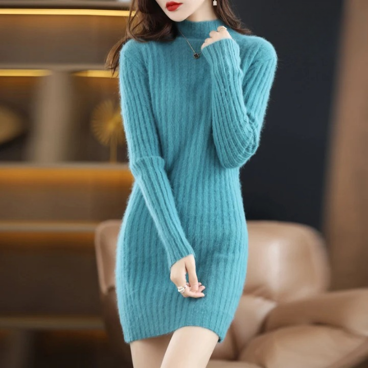 Noëlle Gebreide Herfstjurk – Elegante Damesjurk met Colkraag en Ribpatroon