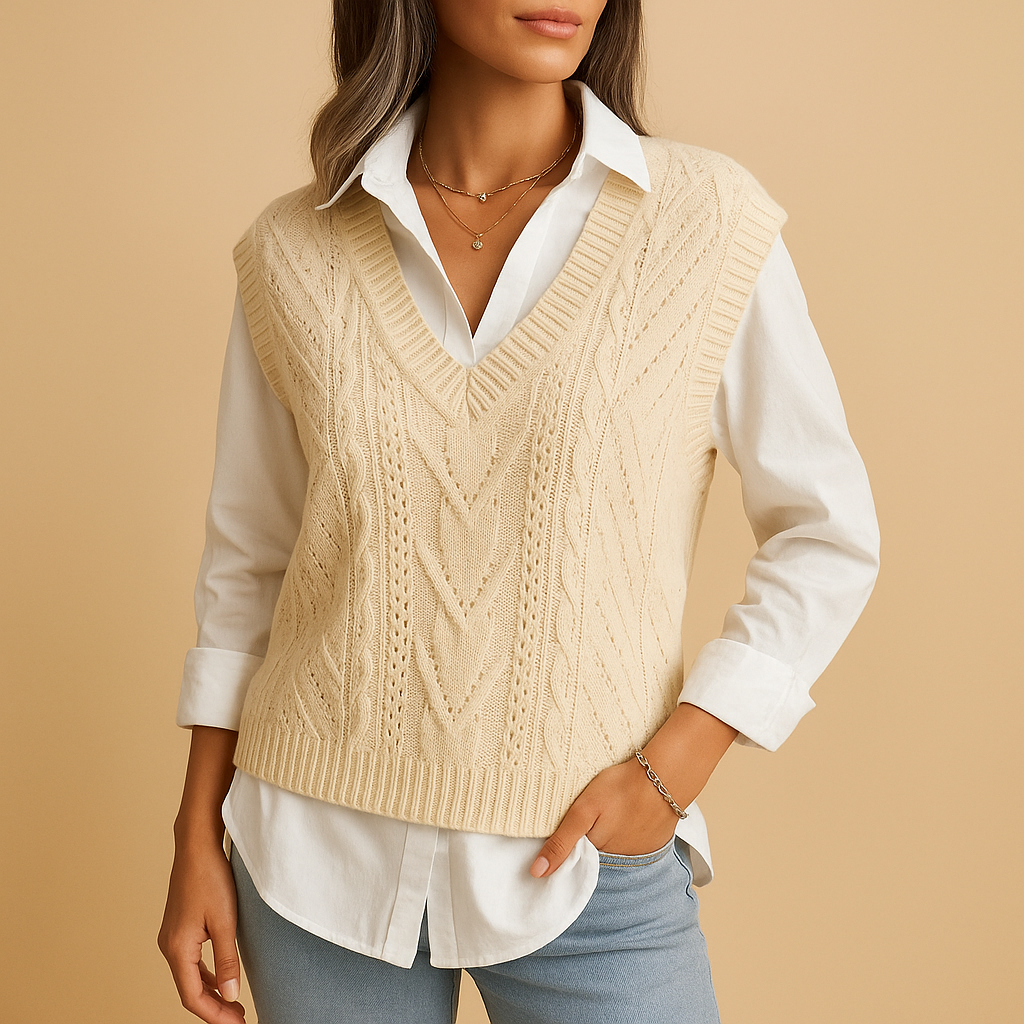 Marit | Mouwloos Kabelgebreid V-hals Vest voor Dames – Elegant, Licht & Stijlvol