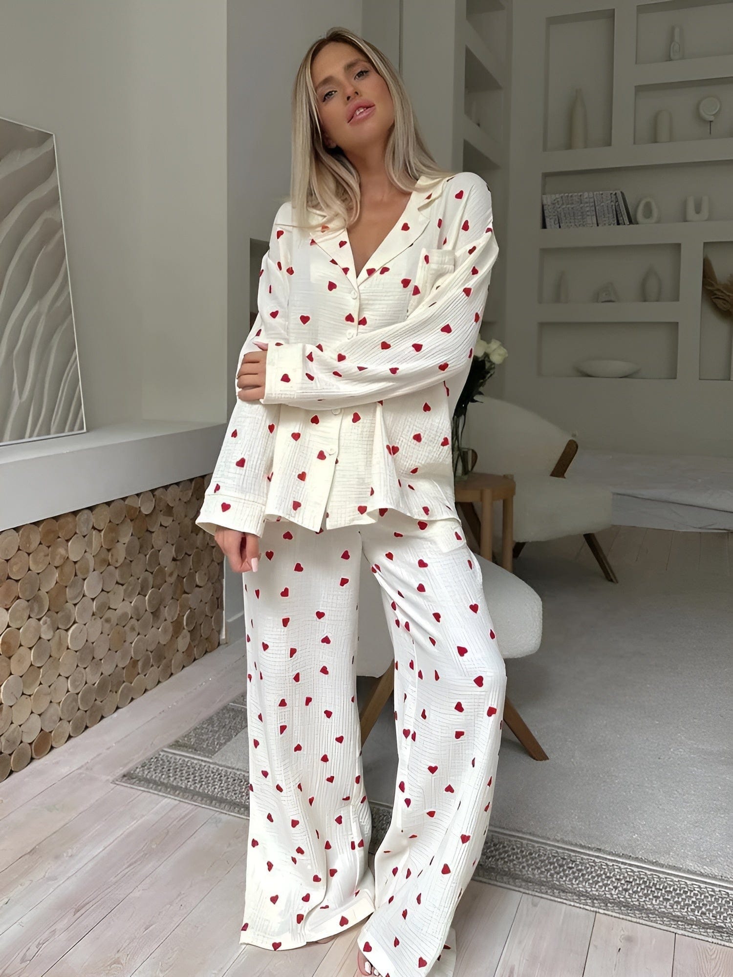 Lola dames pyjama set – katoenen hartjes slaapset zacht & ademend