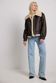 Donkerbruin aviator jack dames – stoer pilotenjack met crèmekraag
