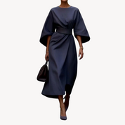 Katoenen midi jurk dames met ceintuur – elegante Loravelle jurk met A-lijn pasvorm