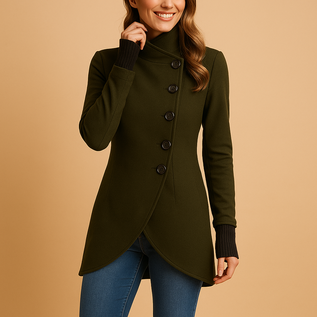 Veerle Oversized Jas Dames – Asymmetrische Winterjas met Lange Snit & Grote Knopen