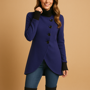 Veerle Oversized Jas Dames – Asymmetrische Winterjas met Lange Snit & Grote Knopen