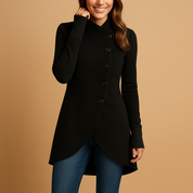 Veerle Oversized Jas Dames – Asymmetrische Winterjas met Lange Snit & Grote Knopen