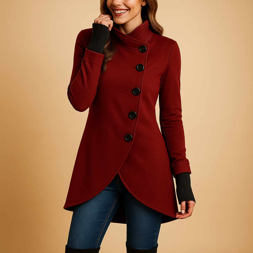Veerle Oversized Jas Dames – Asymmetrische Winterjas met Lange Snit & Grote Knopen