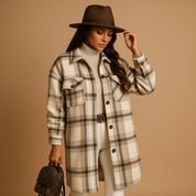 Lange geruite wol-look jas dames – Marit elegante mantel in bruin & groen