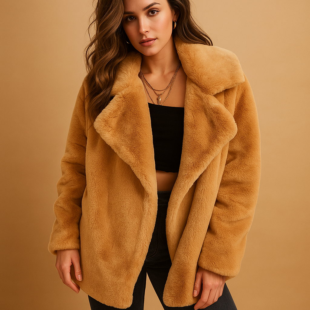 Pluche wintermantel dames Yara – warme jas met reverskraag & elegant design