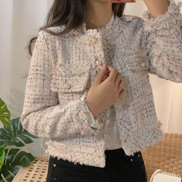 LOREEN dames jacket – tweed jas van katoen & polyester in multistijl design
