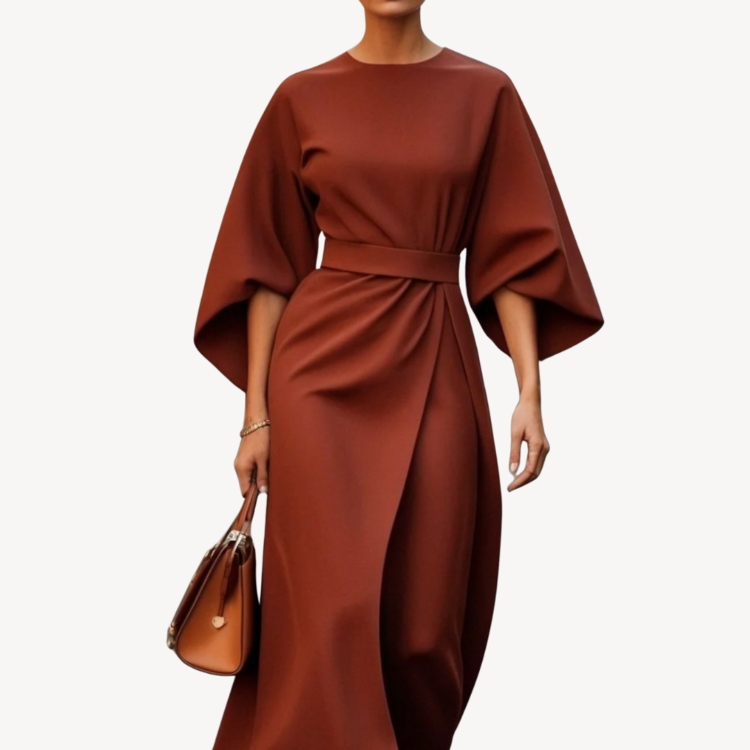 Katoenen midi jurk dames met ceintuur – elegante Loravelle jurk met A-lijn pasvorm