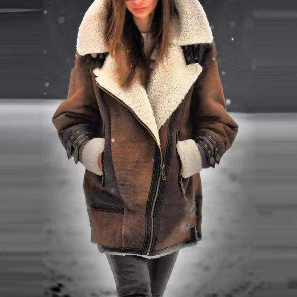 Leren aviator jas dames – bruine winterjas met fleecevoering en kraag
