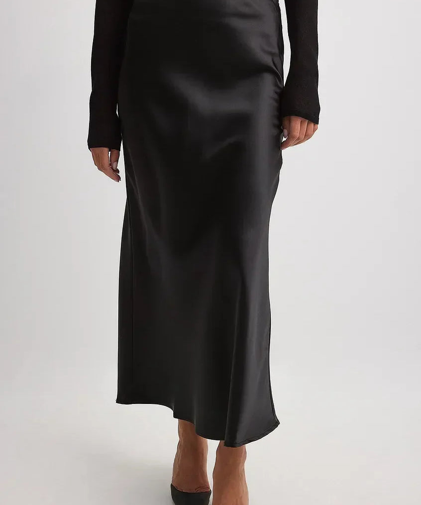Satijnen midi-rok dames – Elegante hoge taille rok met glanzende afwerking