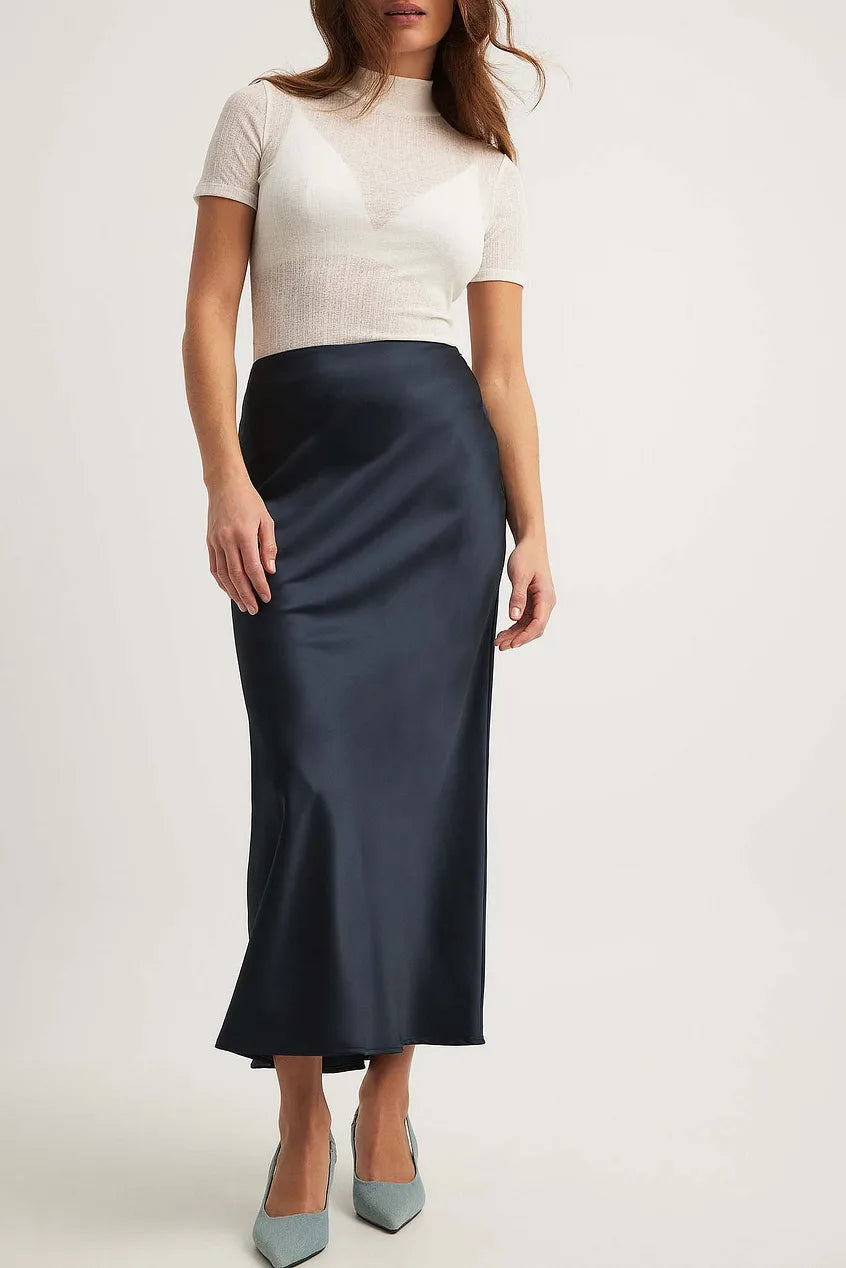 Satijnen Midi-Rok Dames – Elegante Rok met Hoge Taille en Glanzende Afwerking