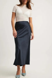 Satijnen Midi-Rok Dames – Elegante Rok met Hoge Taille en Glanzende Afwerking
