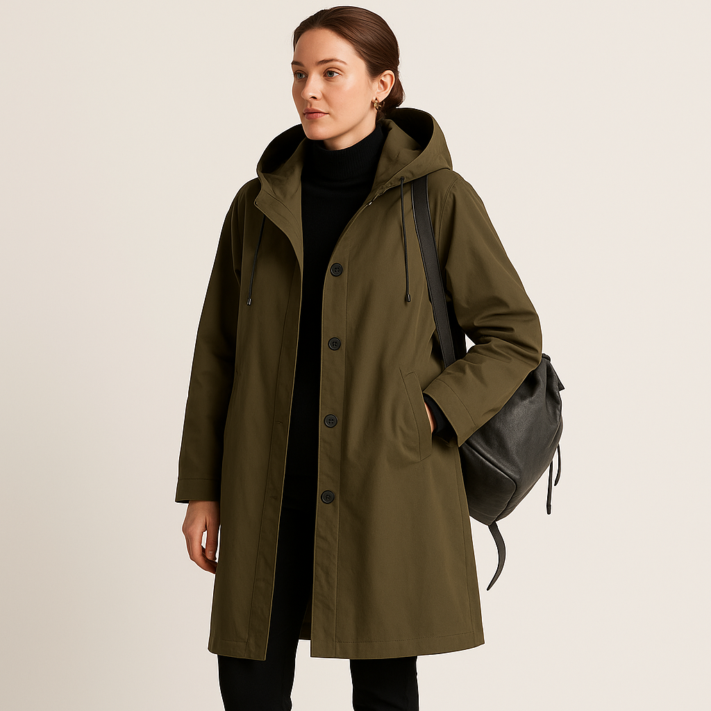 Elegante waterdichte regenmantel dames – driekwart jas met capuchon en ceintuur