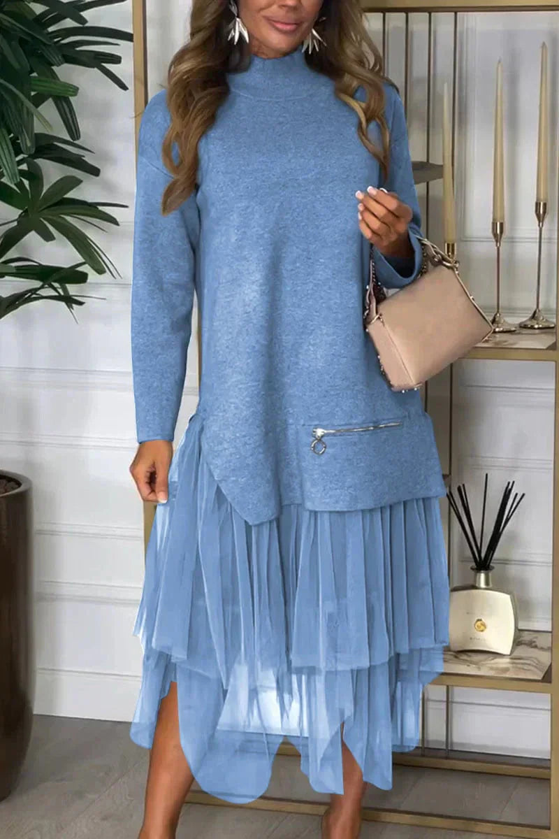 Casual Damesjurk Ysolde – Lange Mouwen Jurk met Mesh Rok en Midaxi-Lengte