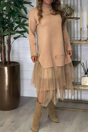 Casual Damesjurk Ysolde – Lange Mouwen Jurk met Mesh Rok en Midaxi-Lengte