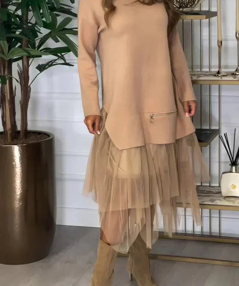 Casual Damesjurk Ysolde – Lange Mouwen Jurk met Mesh Rok en Midaxi-Lengte