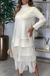 Casual Damesjurk Ysolde – Lange Mouwen Jurk met Mesh Rok en Midaxi-Lengte