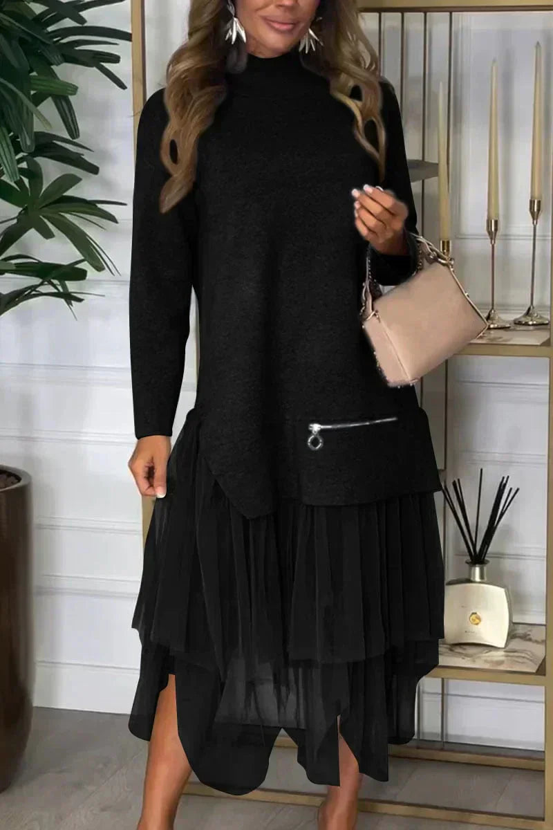 Casual Damesjurk Ysolde – Lange Mouwen Jurk met Mesh Rok en Midaxi-Lengte