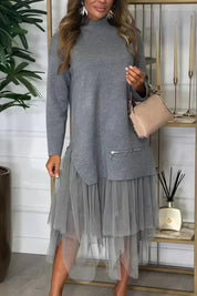 Casual Damesjurk Ysolde – Lange Mouwen Jurk met Mesh Rok en Midaxi-Lengte