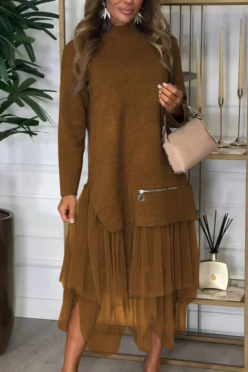 Casual Damesjurk Ysolde – Lange Mouwen Jurk met Mesh Rok en Midaxi-Lengte