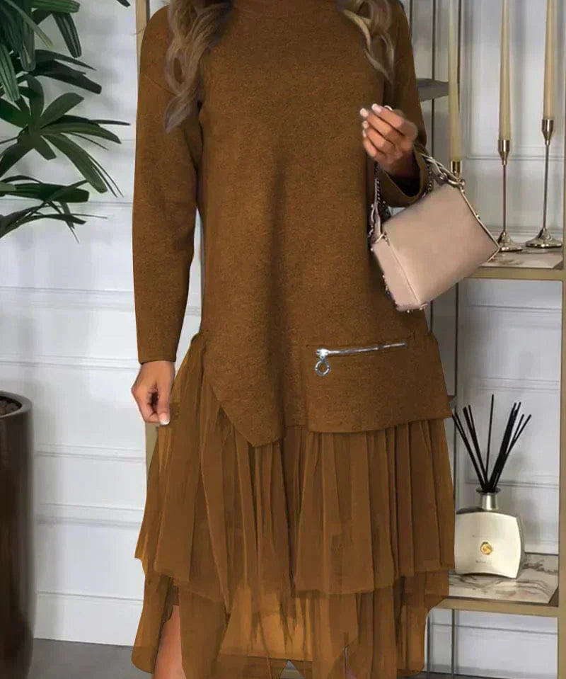 Casual Damesjurk Ysolde – Lange Mouwen Jurk met Mesh Rok en Midaxi-Lengte