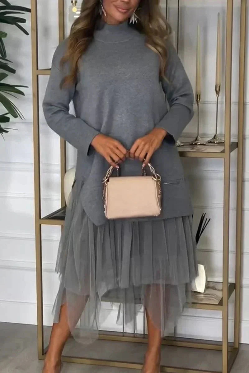 Casual Damesjurk Ysolde – Lange Mouwen Jurk met Mesh Rok en Midaxi-Lengte
