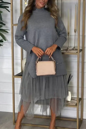 Casual Damesjurk Ysolde – Lange Mouwen Jurk met Mesh Rok en Midaxi-Lengte