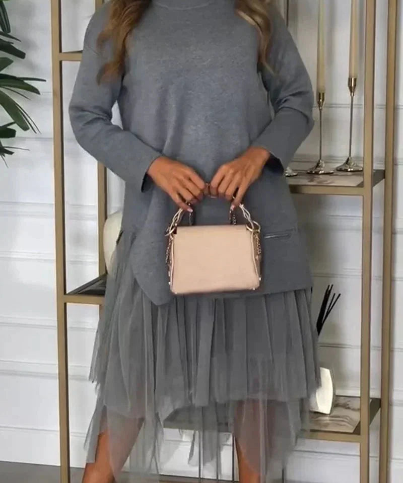 Casual Damesjurk Ysolde – Lange Mouwen Jurk met Mesh Rok en Midaxi-Lengte