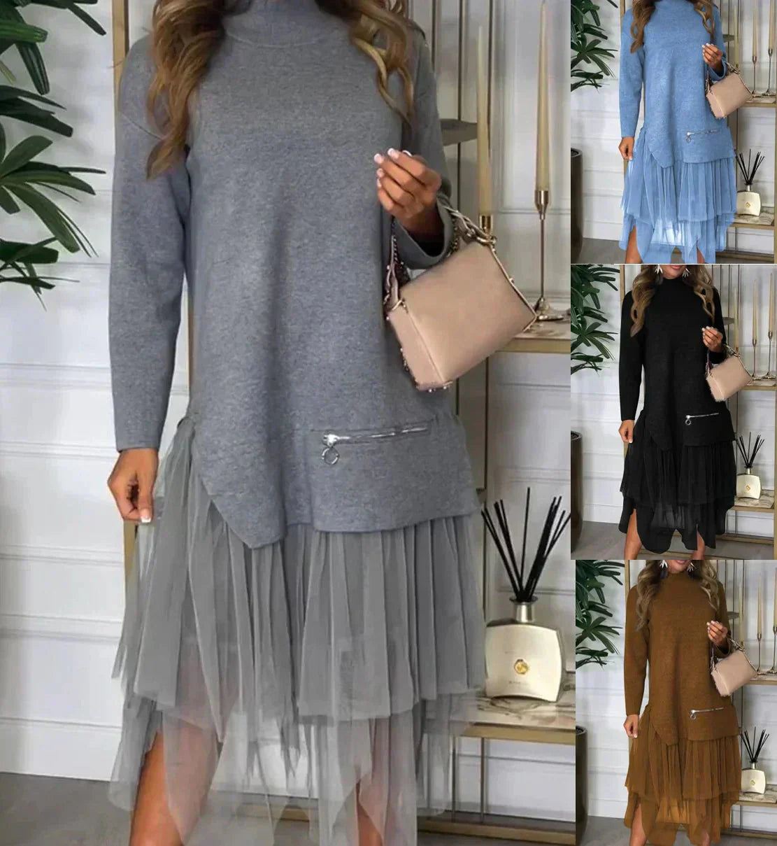 Casual Damesjurk Ysolde – Lange Mouwen Jurk met Mesh Rok en Midaxi-Lengte