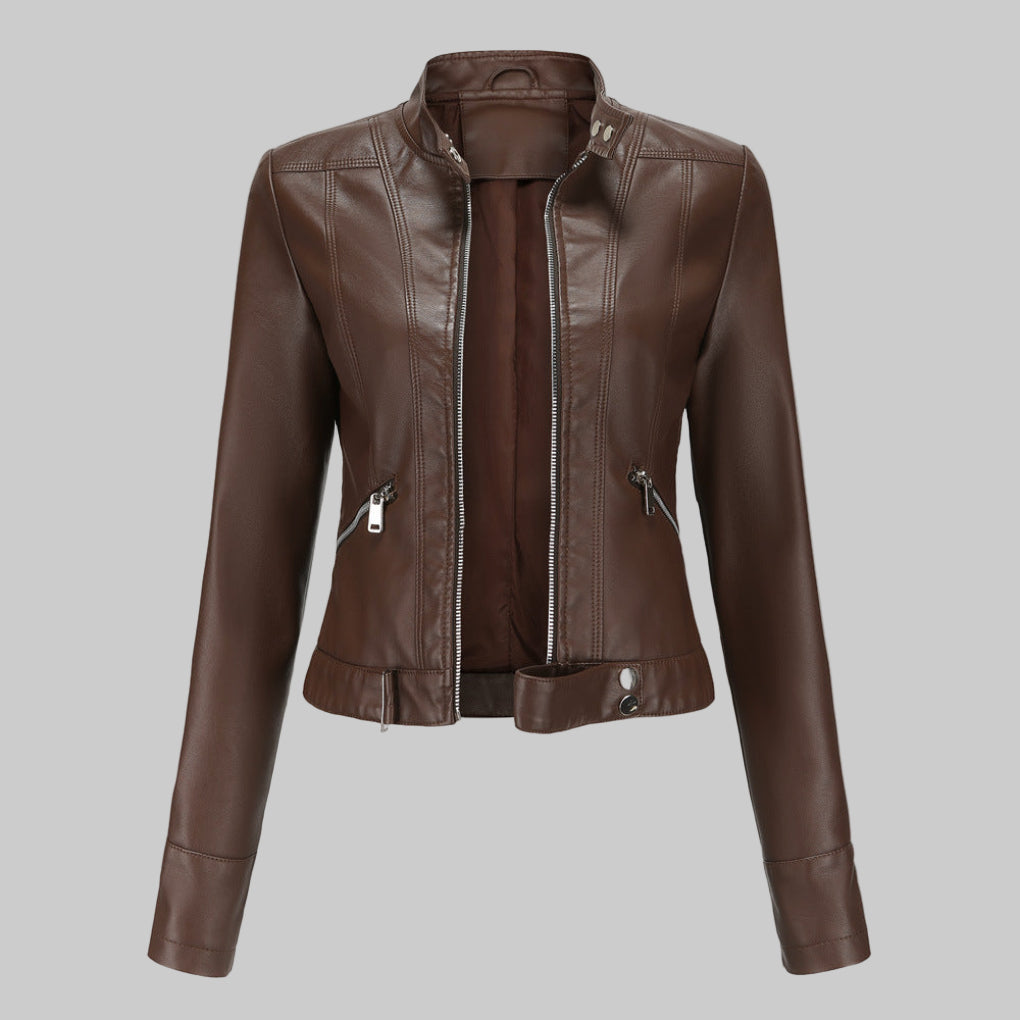 Dames leren jas – elegant leren jack met ritssluiting en opstaande kraag