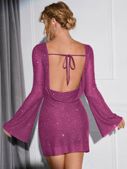 Glitter Jurk Dames – Stijlvolle Feestjurk met Open Rug en Lange Mouwen