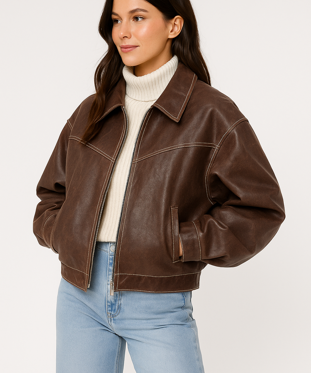 VIVIEN dames leren jas – oversized herfstjas in rood, groen, bruin of zwart