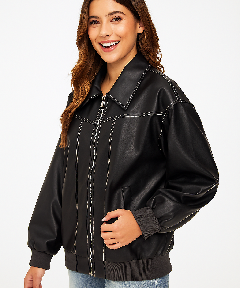 VIVIEN dames leren jas – oversized herfstjas in rood, groen, bruin of zwart