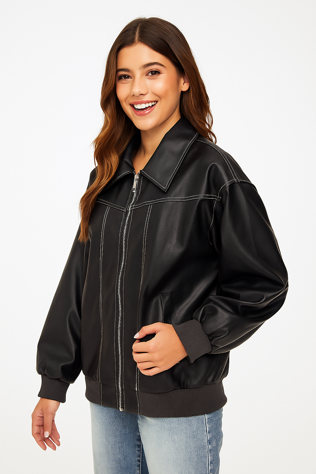 VIVIEN dames leren jas – oversized herfstjas in rood, groen, bruin of zwart