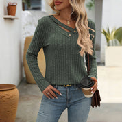 Effen Casual Damesblouse – V-Hals Blouse met Knoopdetails en Lange Mouwen
